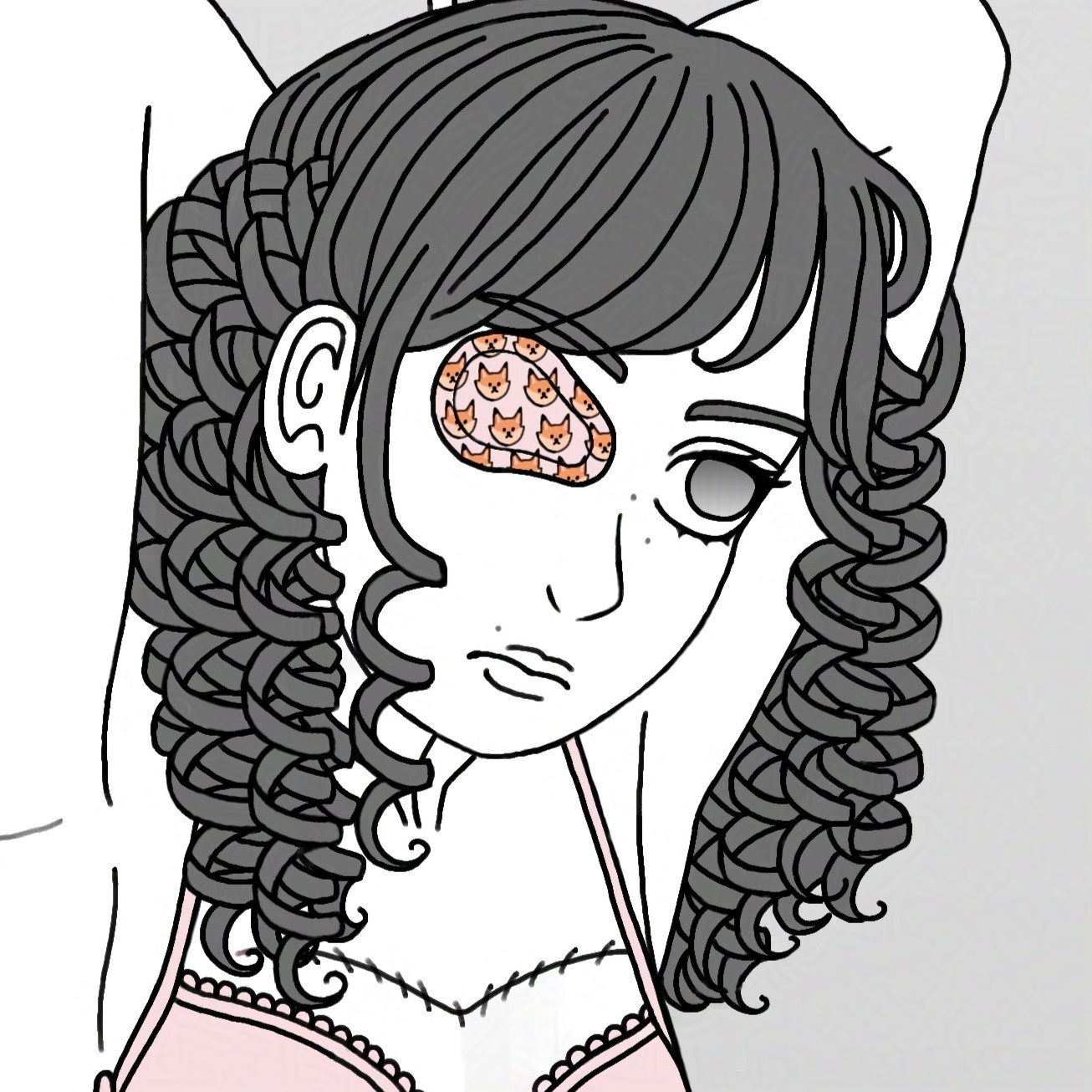 digital art, cartoony style: headshot of woman with dark curly hair, her arms behind her head, and an eyepatch with a cartoon fox pattern